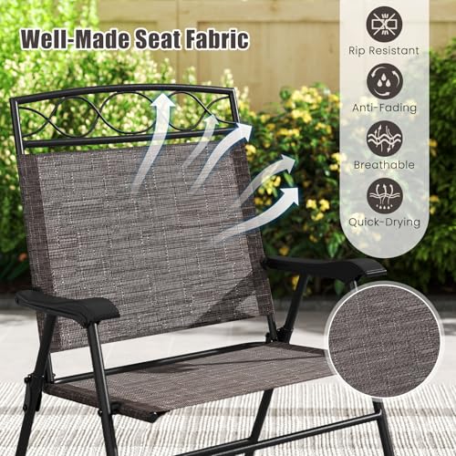 Image of Giantex Set of 4 Patio Folding Chairs, Outdoor Dining Chairs for Camping, Beach, Backyard, Deck, Portable Dining Chair w /Armrest and Metal Frame, 4-Pack (Dark Brown)