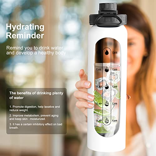 Giemit Glass Water Bottle 32 Oz With Silicone Sleeve Drinking Hydration Bottles Reusable Bpa Free Borosilicate Wide Mouth Motivational Water Bottles With Daily Time Marker And Brush (White) #TOP4
