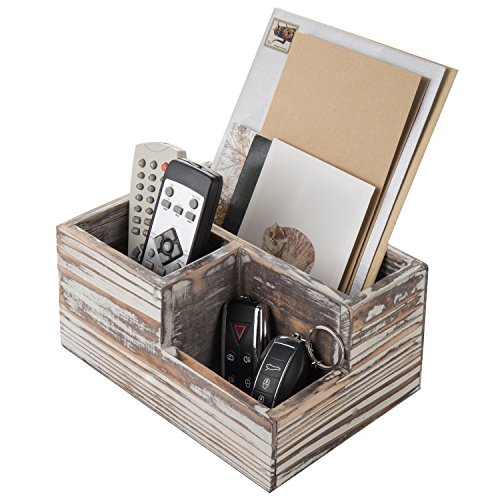MyGift TV Remote Control Holder, Wood Desktop Office Stationery Organizer Tray with 3 Compartment, Multipuprose Caddy Organizer and Media Storage, Rustic Torched