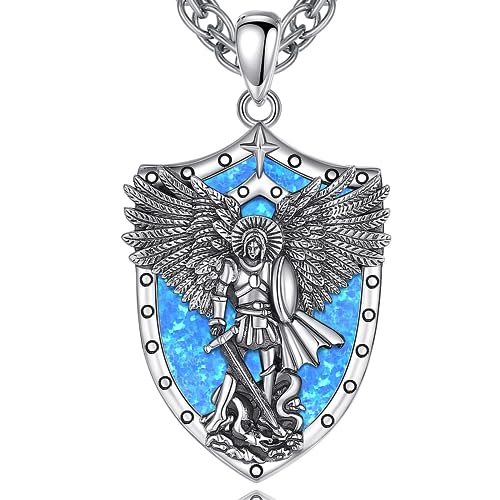 Vito 925 Sterling Silver Opal St Michael Shield Necklace for Women Men