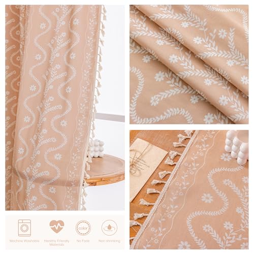 Image of Boho Curtains 84 Inch Long for Living Room, Bedroom, 2 Panels Floral Farmhouse Vintage Tassel Semi Sheer Light Filtering Privacy Window Curtain Drapes with Rod Pocket,Pink