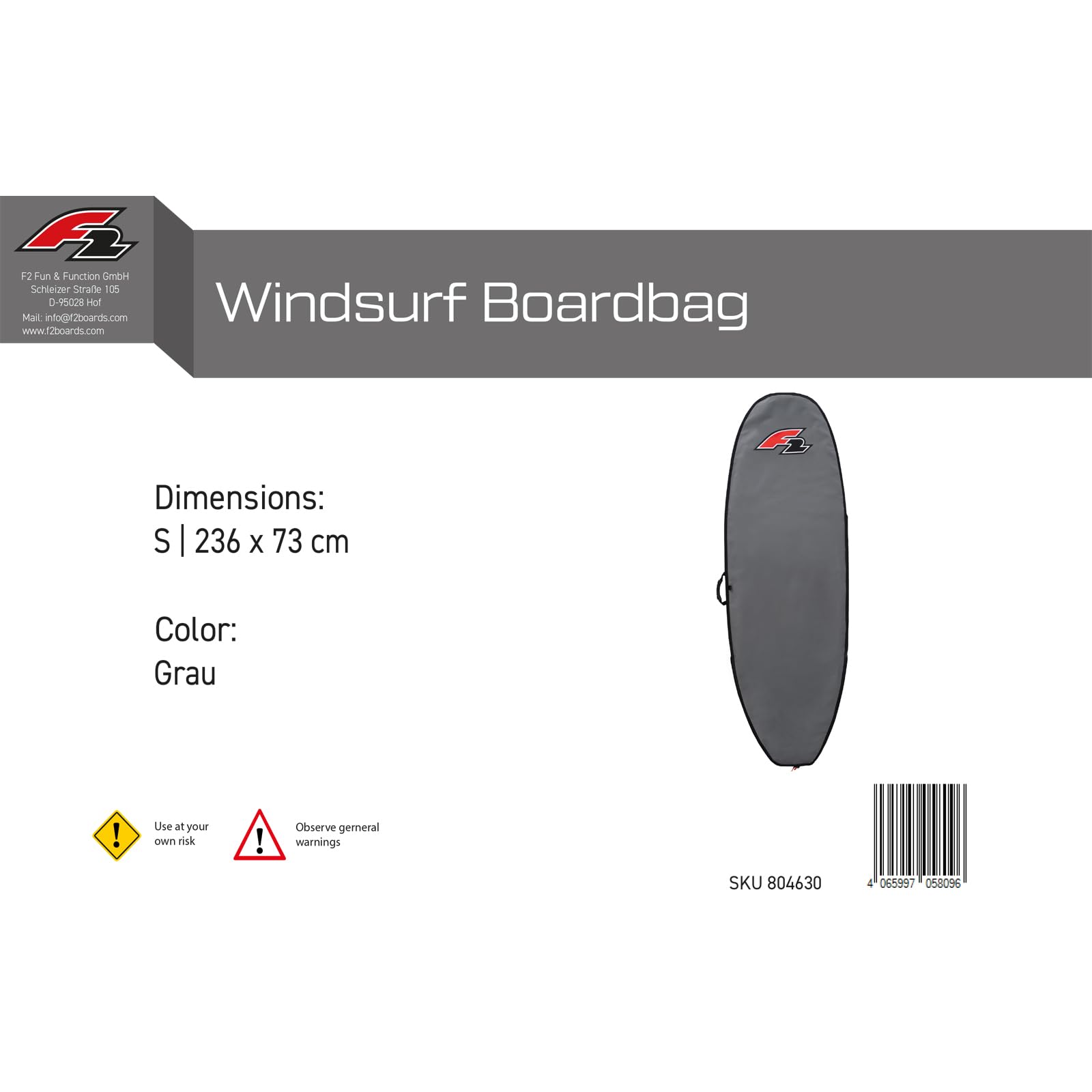 F2 Windsurf Boardbag S 236 x 73 cm Grau 2024/2025