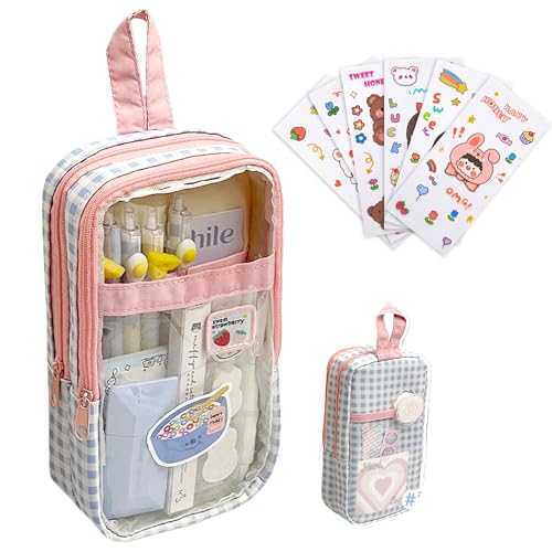 Image of Cute Pen case Adorable Bunny Transparent 3-Layer Large Capacity Pencil Case Gadget organizer with Lovely Stickers (Blue Plaid)