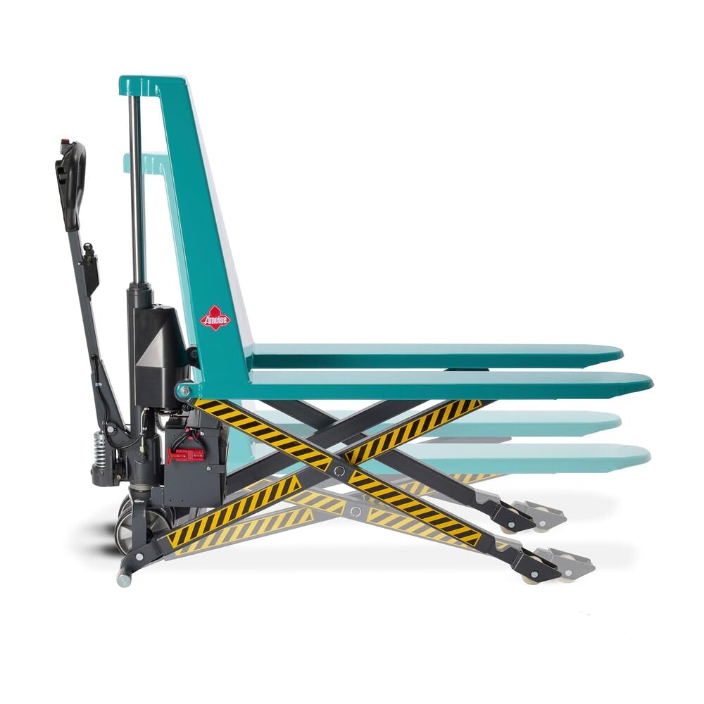 Ameise Scherenhubwagen PTM elektrohydraulisch | 1.000 kg Tragkraft | 85-800 mm Hubbereich | 1.170 mm Gabellänge | Lenkrad aus robustem Polyurethan | Nylon Einfach-Gabelrollen | Hubtisch