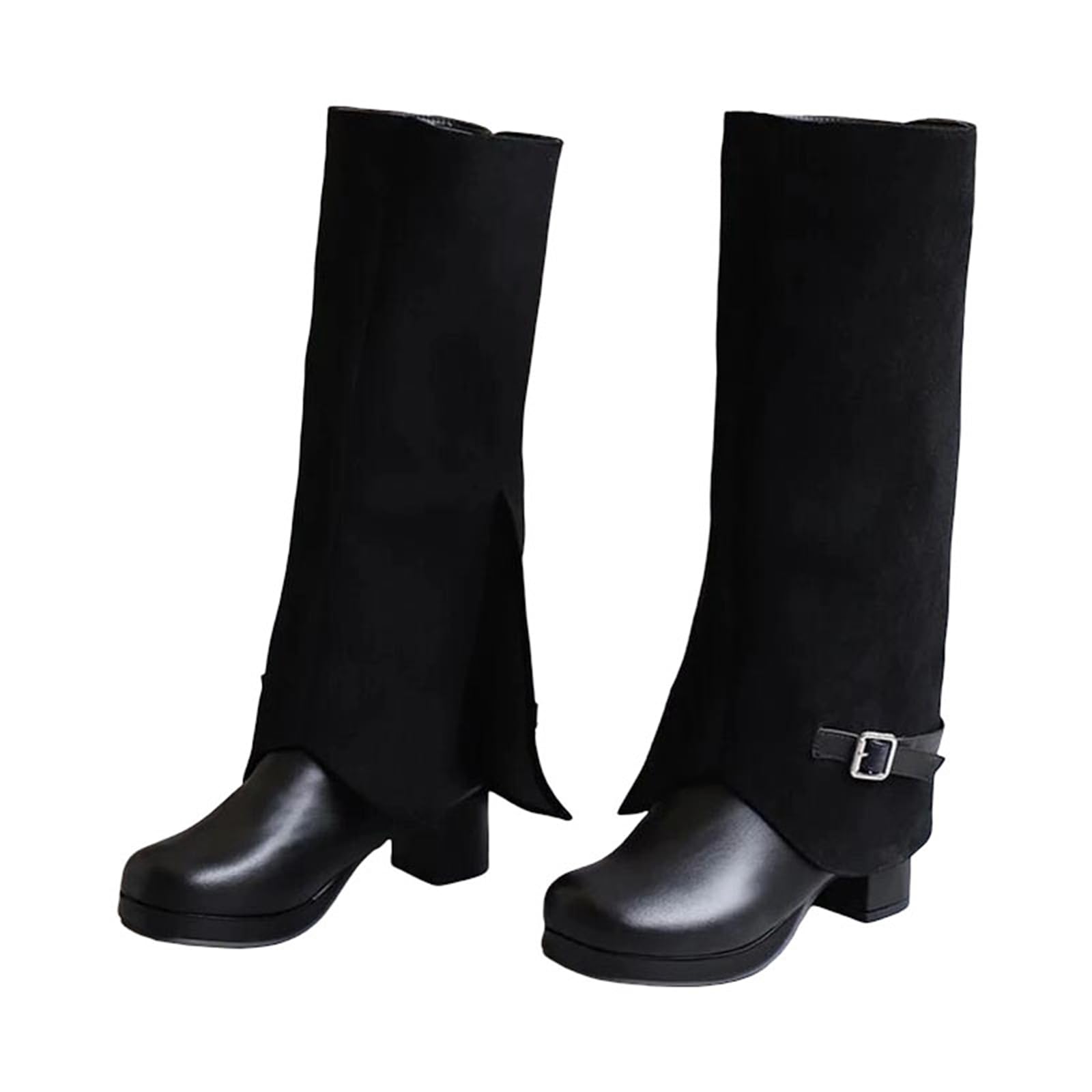 Womens Knee High Platform Boots Round Toe High Square Heel Slip On Design With Decorative Buckle For Parties