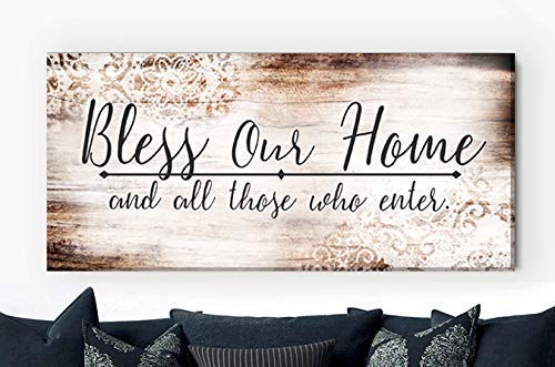 Sense Of Art | Bless Our Home Quote | Wooden Framed Canvas | House Warming Presents| Home Decor for Living Room |Religious Home | Rustic Home Decoration (Brown, 42x19)