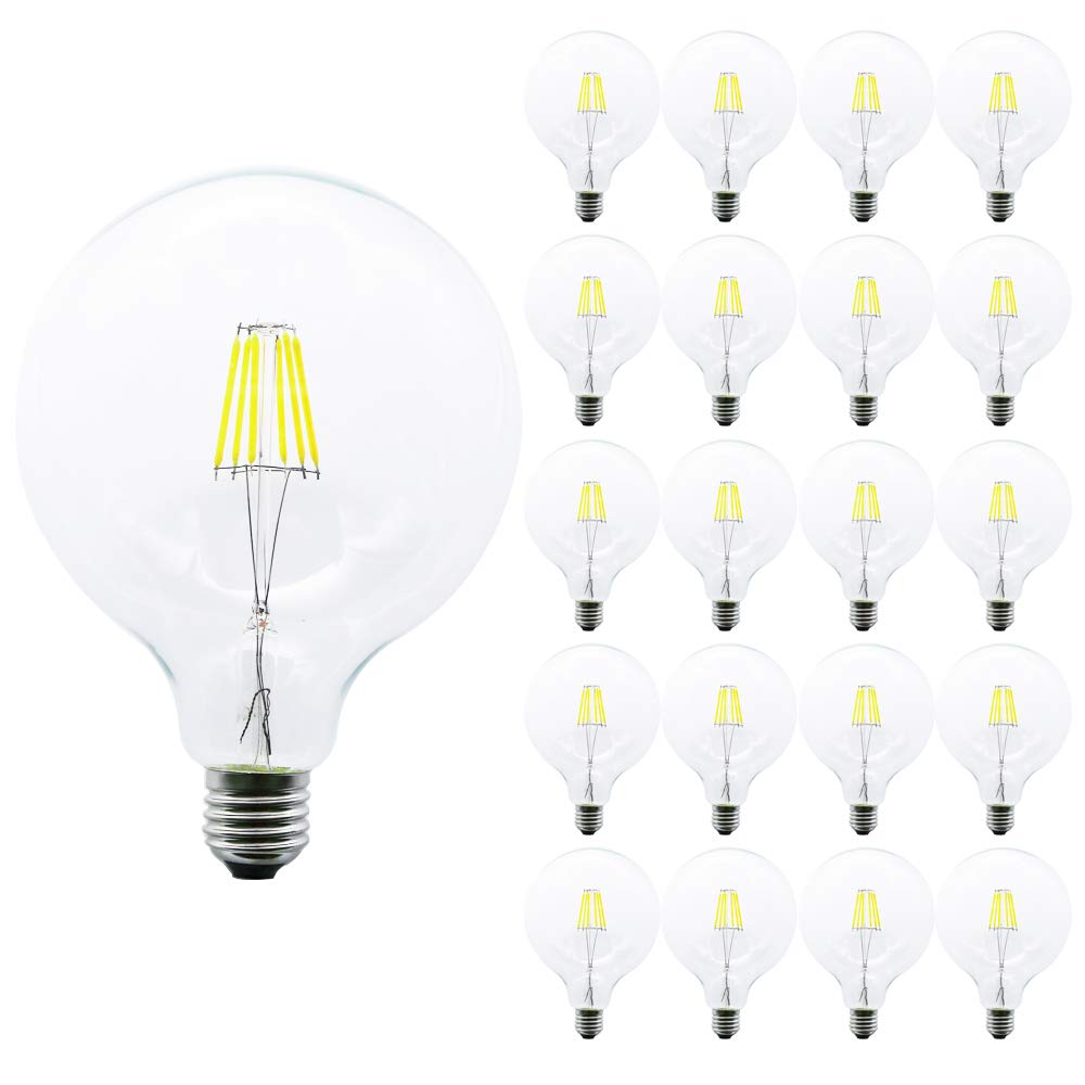 20 x G125 LED Edison Casquillo E27, intensidad regulable, 6 W, fresco Blanco 6000 K, 220 V, antigüedad filamento iluminación en Vintage Retro Look, sustituye a bombilla halógena de 45 W