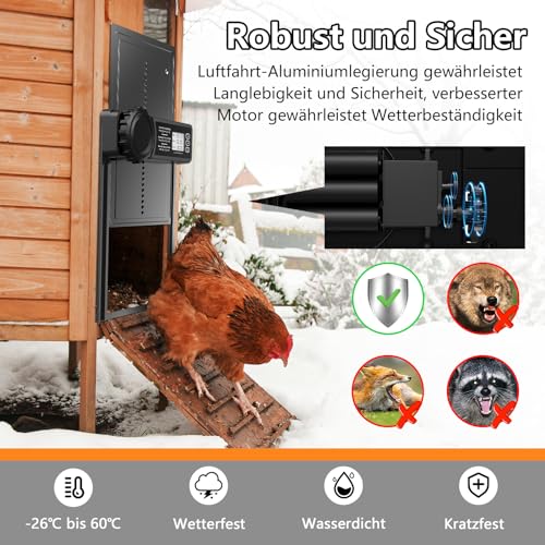 Aluminum Automatische Hühnerklappe Batterie, MASTERFUN Elektrische Hühnerklappe Automatisch Hühnertür mit Wasserdicht Großes Display, Timer, Manuelle, Intelligenter Einklemmschutz