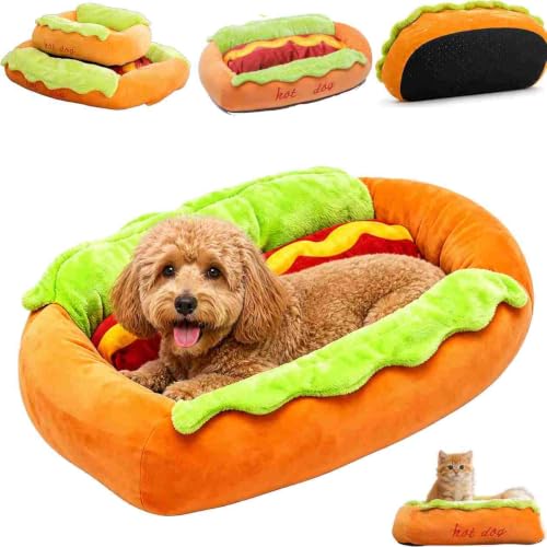Hot Dog Dog Bed,Novelty Removable Washable Dachshund DogBed with Thick Fabric Cushion and Zipper,Soft Plush Pet Bed with Non-Slip Bottom,Cute and Warm Cozy FoodDog CatBed,for Living Room Office