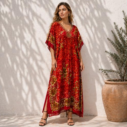 Image of Miss Lavish London Kaftan Dresses for Women,Beach Kaftan Coverups,Hawaiian Coverups for Women,Long Beach & Swimsuit Coverups,Plus Size African Caftan Dress,Moroccan Style Loungewear Red XL