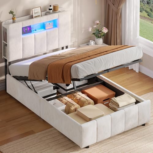 AOGLLATI Cama Individual 90x200 con Espacio de Almacenamiento Cama Juvenil con Cabecero Acolchado Cama Canape Hidráulica con LED y Carga Integrada Estructura Cama Tapizada con Estantería Lateral Beige