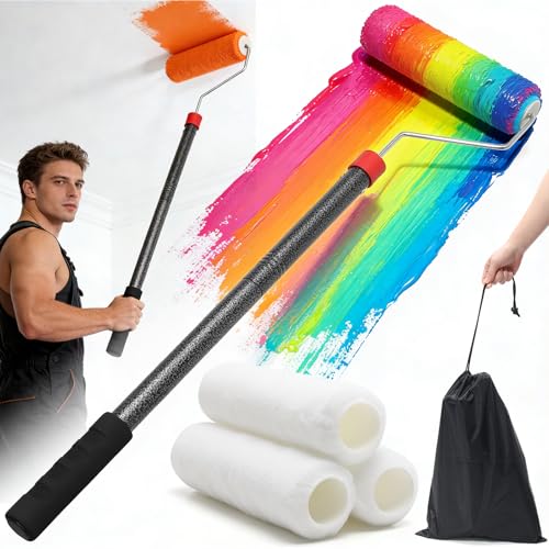 Paint Roller Brush Kit, 6 FT Paint Roller Extension Poles Multi-Function Paint Roller Kit with Brush Stainless Steel Poles Splicing Rod House Mural Brush for Walls and Ceiling