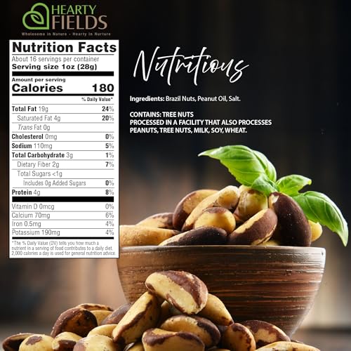 Image of Hearty Fields - Brazil Nuts Roasted & Salted - No Shell, Whole (16 Oz - 1 LB) Wholesome In Nature - Hearty In Nurture Healthy Protein Food Snack, Food Assortments