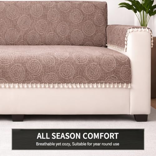 Image of STITCHNEST Woven Fabric Sofa Cover 2 Seater with 2 Hand Rest Covers - Washable Beige Sofa Cover with Tassels - Durable Premium Fabric - Stylish Sofa Protector for Living Room & Furniture Decor