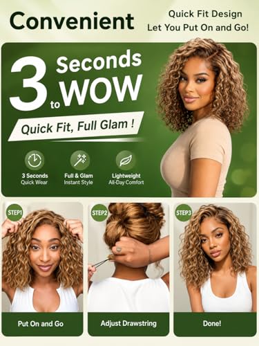 Image of KLAIYI Bye Bye Slip Ombre Highlights Blonde Bob Water Wave Curly Precut 7x5 Lace Front Wigs Human Hair Side Part Drawstring 180% Density Pre Plucked Bleached Knots 30S Ready to Wear and Go Wig 10Inch