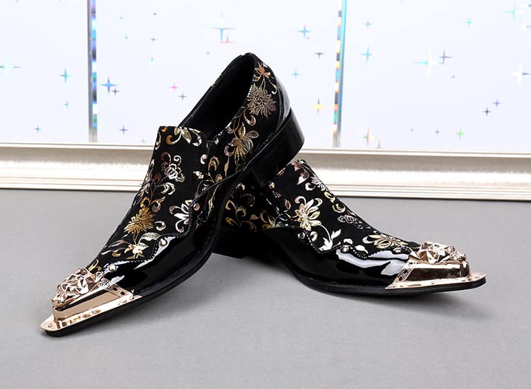 Formal Dress Oxford Shoes for Men Pointed Metal Toe Embroidered Pattern Patent Leather Patchwork Flat Block Heel Slip On for Club Genuine Leather4