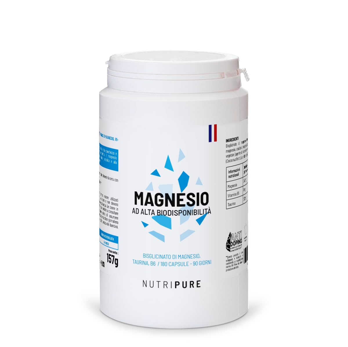 Magnesio bisglicinato + Taurina & Vitamina B6 | Integratori ad alto assorbimento | Contro la fatica, per la concentrazione | Vegan | 180 capsule | Trattamento di un 3 mesi | Made in France | Nutripure