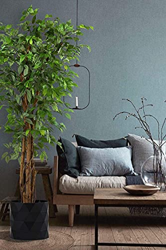 Deluxe 6 Feet Tall Ficus Silk Leaf Artificial Tree + 8" Base + 12" Plant Pot Skirt. 18 Feet Of Vine Adorn Wide Real Trunks With Green Leaves Allowing Maintenance Free In-Door And Outdoor Use #TOP3