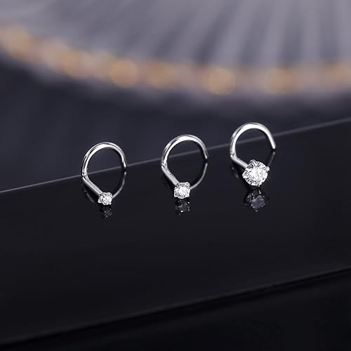 Miniatura 6 de PunkTracker Anillos de nariz de oro real de 14 quilates de 0.71 oz con circonita cúbica de diamante de imitación, hipoalergénicos, piercing de nariz