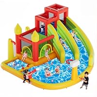 Warmiehomy Inflatable Bouncy Castle with Slide Bounce Water Park with Air Blower Splash Pool Water Cannon and Climbing Wall for Garden Park Backyard Birthday Gifts