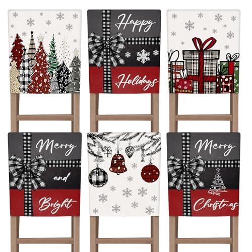 Shellwei 6 Pcs Christmas Chair Covers 18.1 x 21.7 Inches Christmas Trees Snowflake Gift Box Print Decorative Merry Seat Covers Dining Slipcovers for Xmas Party Kitchen Wedding Party Decor