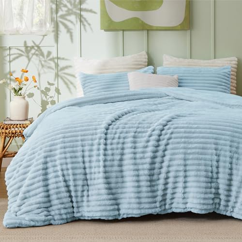 Bedsure Fluffy Comforter Set King Size - Super Soft Faux Fur Bed Set Light Blue, All Seasons Warm Plush Fleece Bedding, 3 Pieces, 1 Shaggy Fuzzy King Comforter with 2 Pillowcases