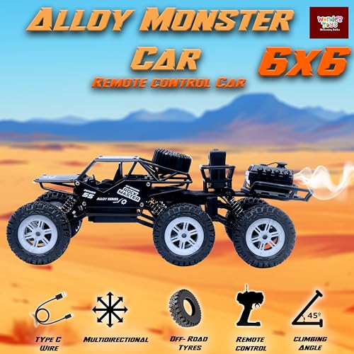 Image of Wonder 6X6 Rock Crawler Remote Control Car | Smoke Function | Abs Plastic | Body App Control | Triple Motor 6 Wheel Drive Off Road Toy with Shock Suspension Rechargeable Battery for Kids - Black