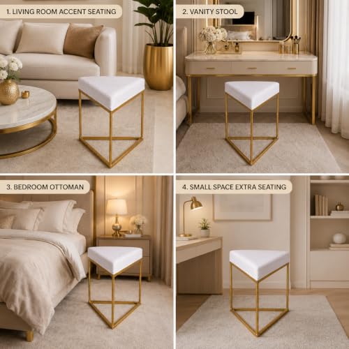 Image of Modern Velvet Triangular Vanity Stool with Gold Metal Frame | Upholstered Makeup Chair for Dressing Table | Accent Seating for Bedroom, Living Room & Home Decor- Cream