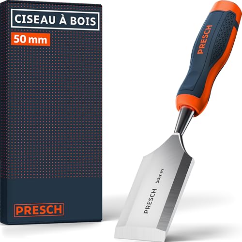 Presch Ciseau à bois 50mm - Parfaitement aiguisé pour utilisation immédiate - Pour les professionnels avec un angle de 25° - Capuchon métallique robuste -...