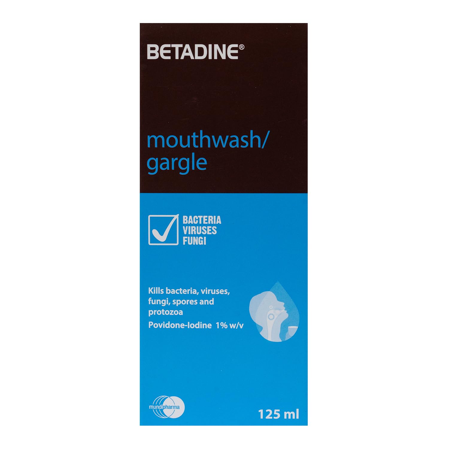 Betadine Mouthwash / Gargle 125ml, Povidone-Iodine Antiseptic Mouthwash for Oral Hygiene, Compact Bottle for the Mouth & Throat - Dilute & Use as Directed