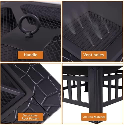 Fire Pits for Garden, Multifunctional 3 in 1 Bbq Fire Pits Table, Metal Square Outdoor Wood & Charcoal Burning Fire Pits With Mesh Screen Lid and Poker for Heating BBQ Bonfire Drink Cooling