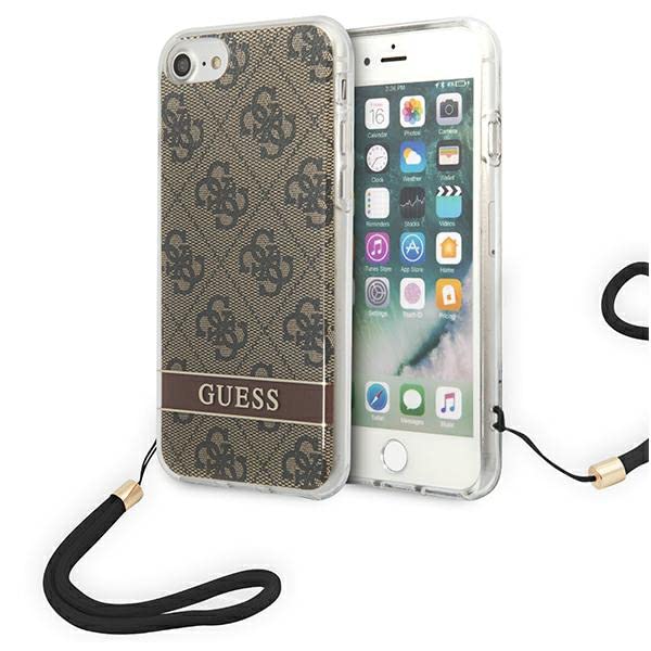 GUESS GUOHCI8H4STW Coque pour iPhone SE 2022 / SE 2020/7/ 8 Marron Rigide avec Sangle imprimée 4G