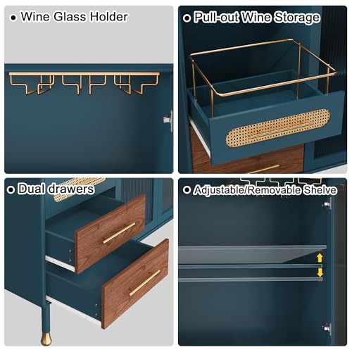 Image of ARTPOWER 48 inch Coffee Bar Cabinet with Wine Racks and Drawers, Modern Buffet Sideboard with Pull-Out Wine Storage, Liquor Bar Cart for Kitchen, Dining Room, Living Room (Blue)
