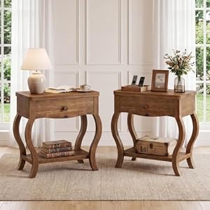 Solid Wood End Table with Drawer Set of 2, Tall Side Table for Living Room