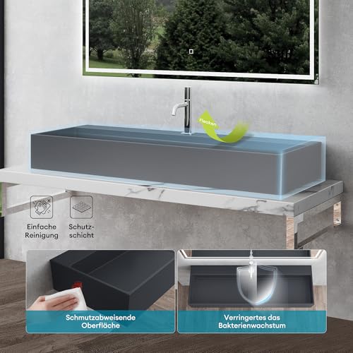 Mai & Mai Waschbecken Aufsatzwaschbecken Hängewaschbecken aus Mineralguss 120x40x14cm in Anthrazit matt mit Armaturloch Col6028