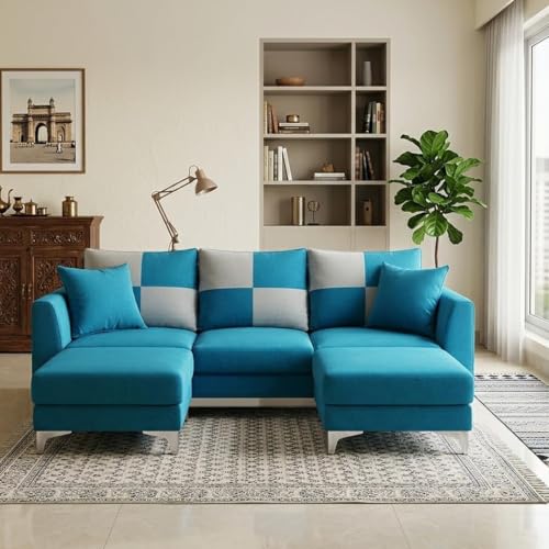 Image of Romeo 5 Seater L Shape Sofa Set with 2 Movable Ottomans | Flexible Layout | Rich Velvet Suede Fabric | Silver Legs | Modern Sofa for Living Room (Aqua Blue Color)