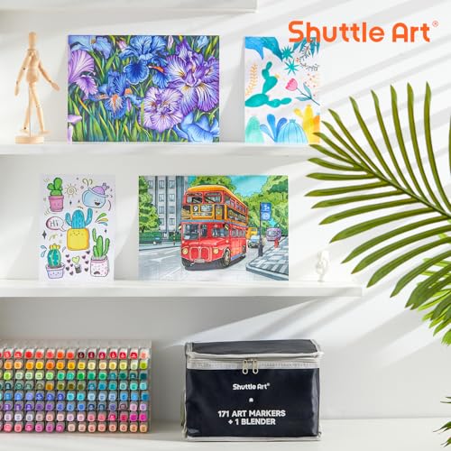 Shuttle Art Markery alkoholowe, 171 kolorów, profesjonalne długopisy artystyczne z podwójną końcówką, plus 1 bezbarwny blender, 1 marker, pisaki z filcową końcówką z etui dla artystów, dorosłych