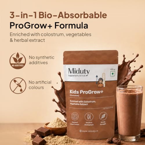 Image of Miduty ProGrow+ Kids Chocolate Shake with Whey, MCT & Colostrum - Supports Growth, Energy, Brain & Immunity - With Active Vitamins, Minerals & Herbal Extracts - Chocolate, 400g