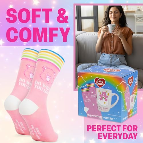 Image of Get Trend Care Bears 11oz Mug and Socks Set, Crew Socks Ceramic Coffee Mug Microwave Safe, Novelty Gifts for Women, Wife, Girlfriend (White /Pink Care Bears)