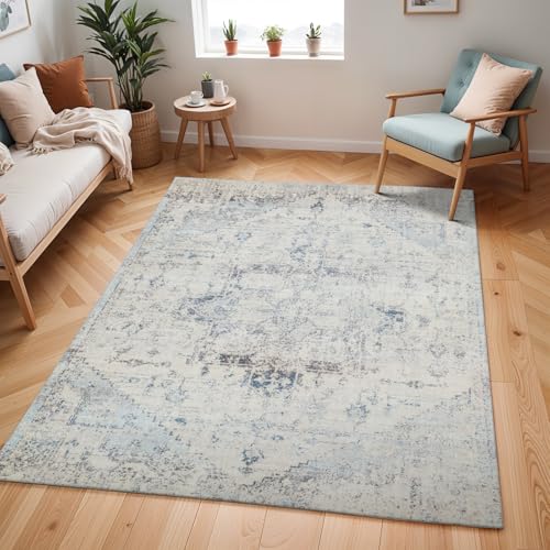 Livabliss Tampa Vintage Rug - Area Rugs for Living Room 160x220 cm, Bedroom - Scandi Neutral Rugs, Traditional Patterned Boho Style, Natural Easy Care Pile - Large Rug, Blue and Cream