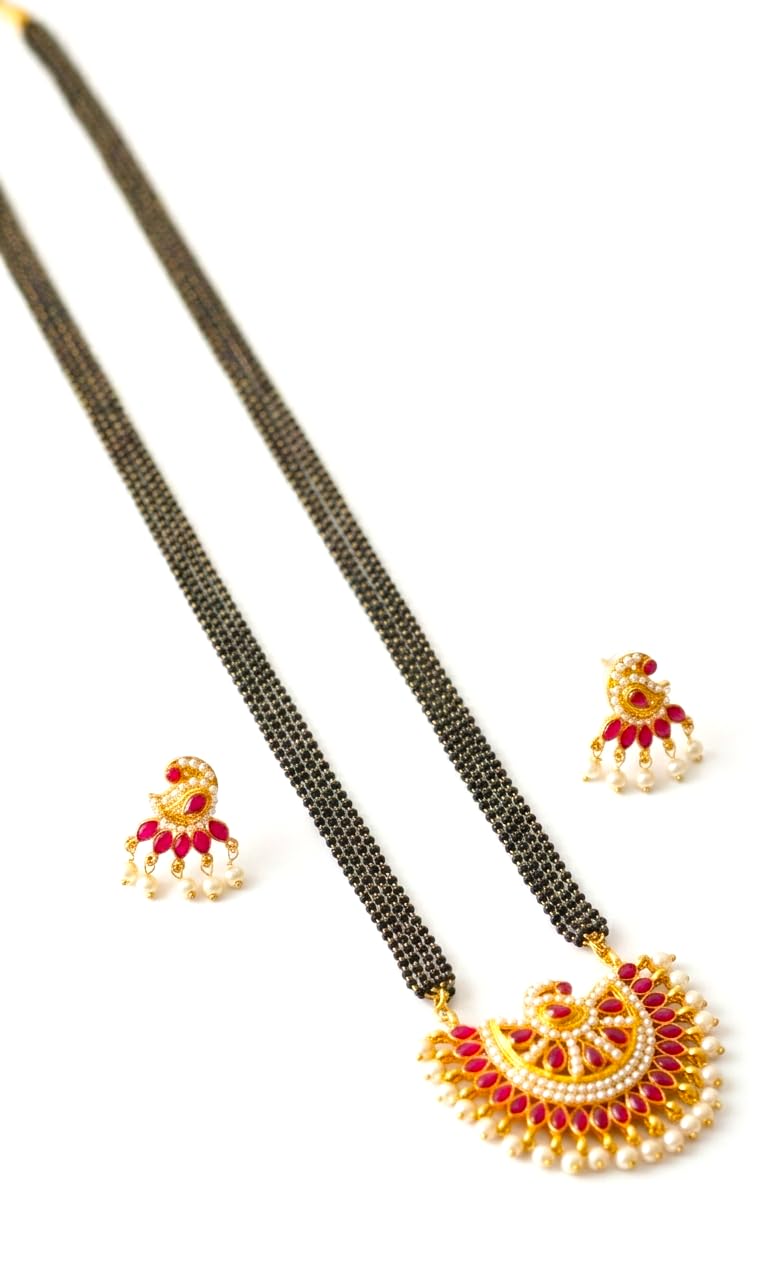 Long Mangalsutra with Double Black Bead Chain, Gold-Toned Pendant with Ruby and Pearl Accents, Earrings Included-image-26