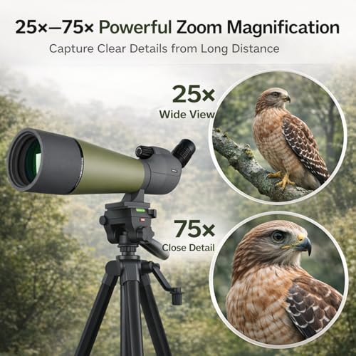 Image of NWDEY Spotting Scope 25-75x80, BAK4 Prism FMC Optics, Waterproof Spotting Scope with Upgraded Tripod, Phone Adapter and Carrying Case for Bird Watching, Target Shooting, Wildlife Viewing