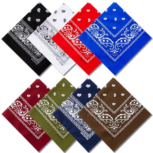 Raylarnia 8 PCS 100% Cotton Bandanas, 22 Inchs Multi-Purpose Bandana Scarfs Headbands for Men and Women (8-Mixed Colors)
