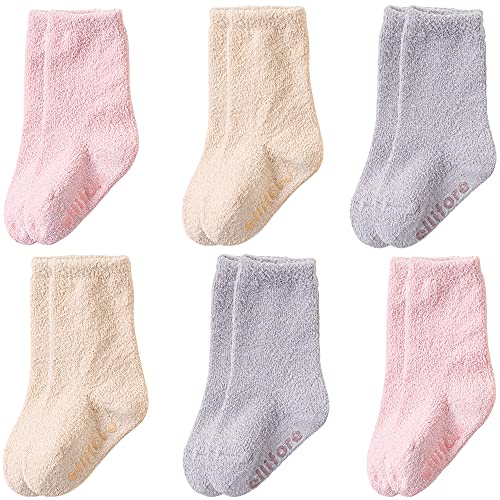 Image of Toddler Socks with Grippers, Baby Girl Infant Newborn Warm Non Slip Crew Socks, Kids Fuzzy Socks for Babies Girls New Walkers