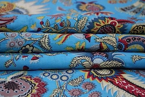 Image of Indian Hand-Block Printed Jaipuri Mukut Floral Print Ethnic Sanganer Kurti Print Cotton Fabric (3 Yards, Tourquoise Mukut)