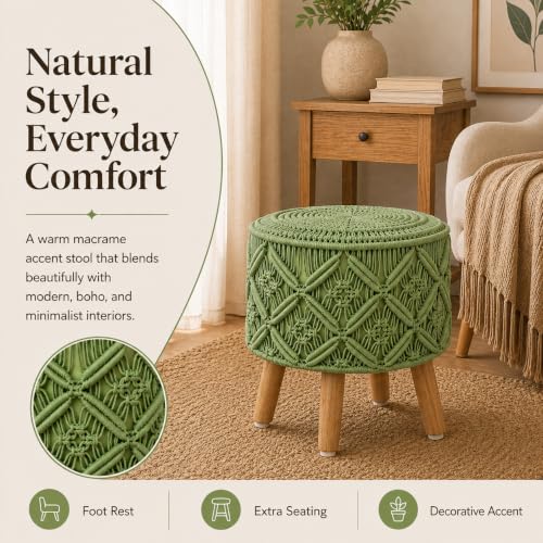 Image of Macrame Ottoman for Living Room | Handcrafted Woven Foot Rest Stool with Solid Wooden Legs | Pouffe for Sitting, Foot Stool for Bedroom & Home Decor | 16x16x18 Inch (Light Green)