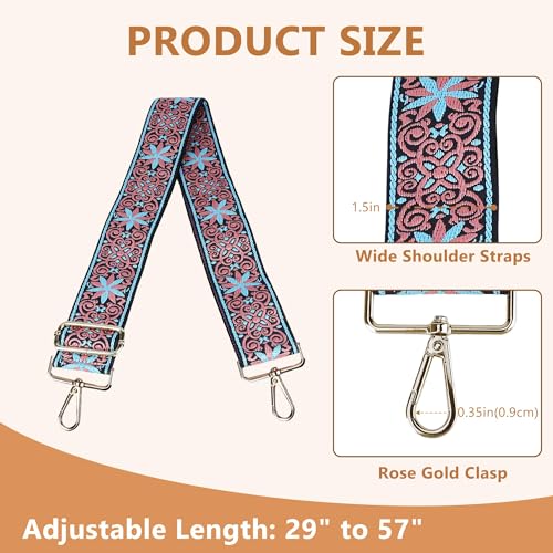 Image of Purse Strap, Adjustable Embroidery Flower 2 Inch Wide Purse Straps Replacement Crossbody for Women