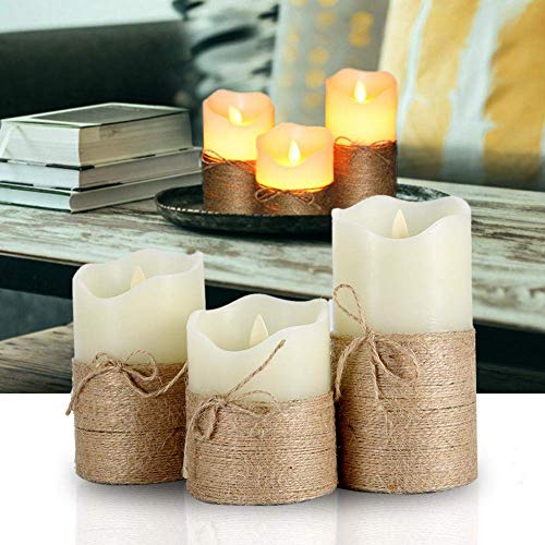 Image of LTETTES | Real Wax Hemp Rope LED Candles | Flameless Battery Operated with Remote Control | Set of 3 (3 inch D x 4 inch, 5 inch, 6 inch H) for Home Decor, Festivals, Diwali & Gifts