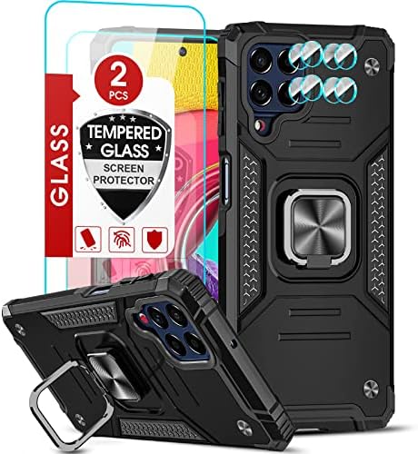 LeYi for Samsung Galaxy M53 5G Phone Case and 2 Tempered Glass Screen Protector + 2 Camera Lens Protector, Ring Holder Shockproof Military Grade Protective Mobile Phone Cover for Samsung M53 Black