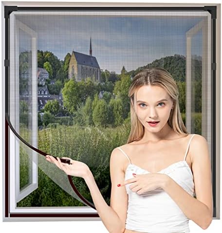 Yuzzy Adjustable Magnetic Window Screen DIY Fiberglass Screen Mesh Max 32 inch(H) x 24 inch(W) Fits Any Size Smaller with Gray Frame Black Fiberglass Mesh (32" * 24")